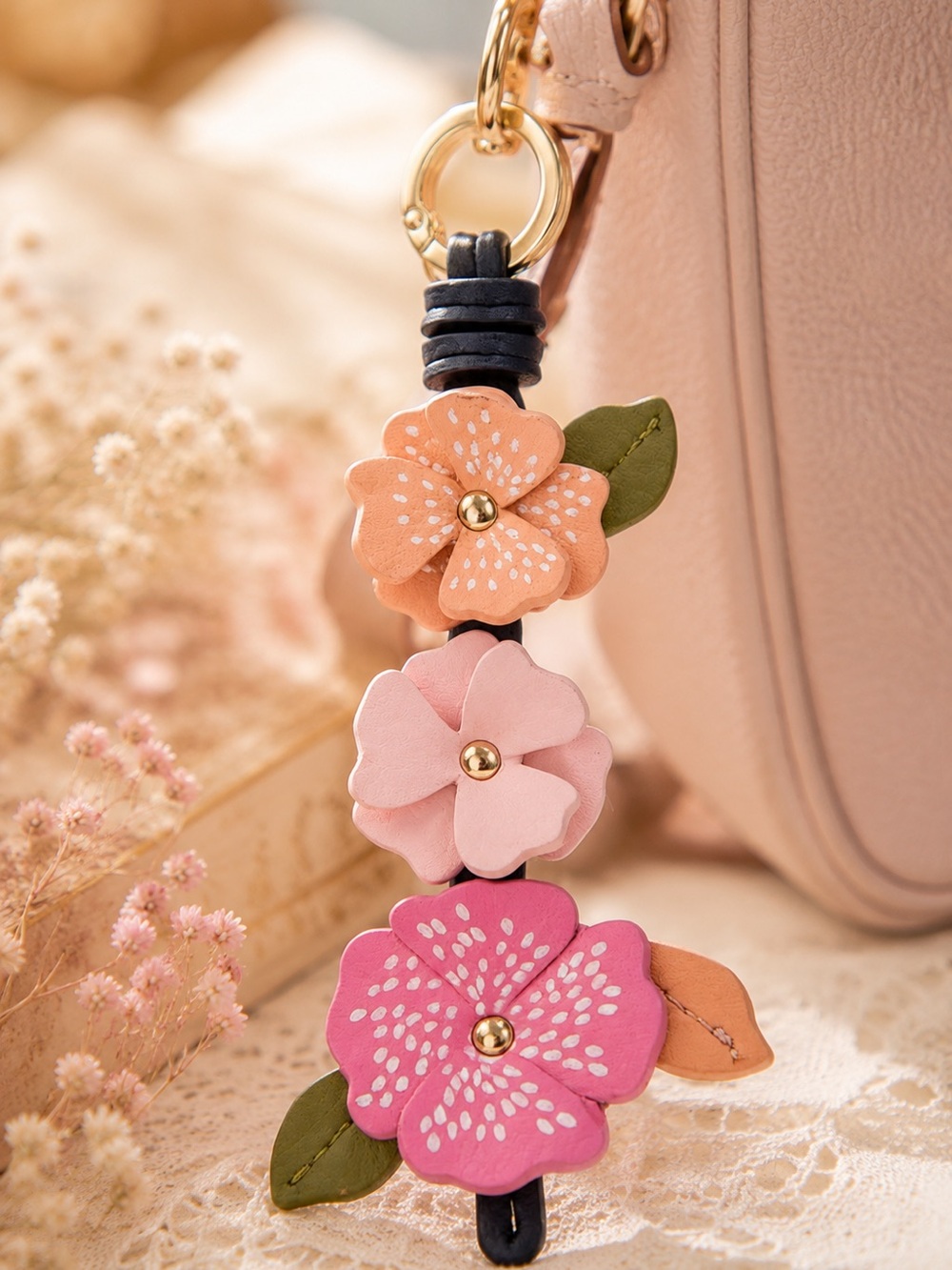 Pastel Pink Stacked Floral Bag Charm - Picture 3 of 5